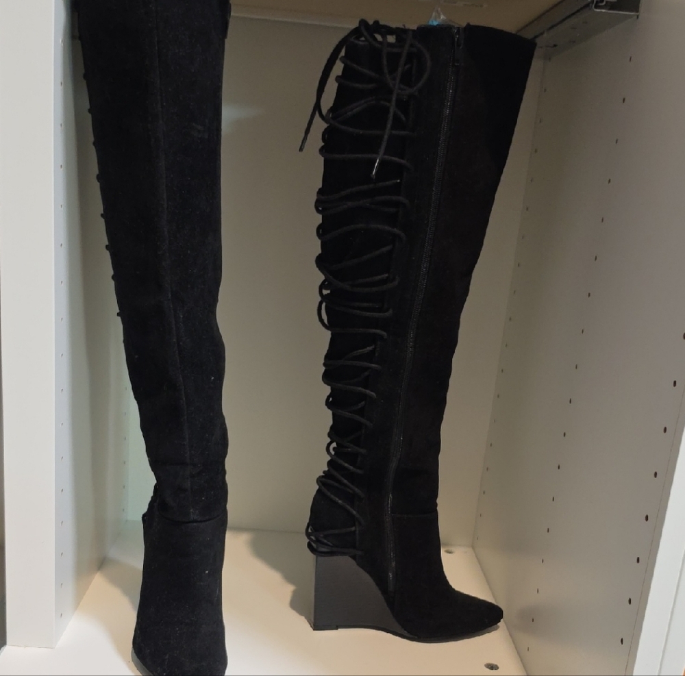 Bakers Black Over-the-Knee Lace-Up Wedge Boots